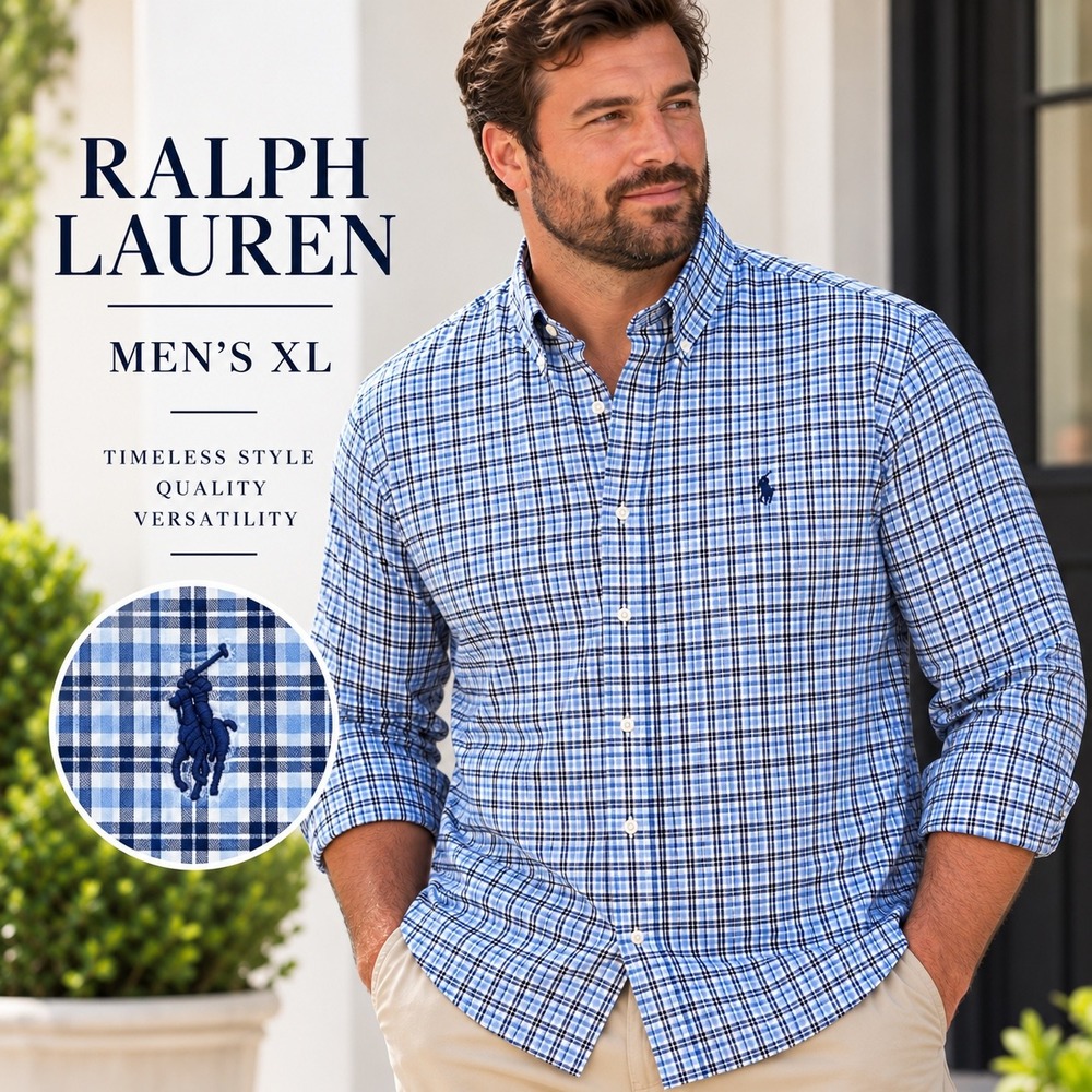 Ralph Lauren Classic Fit Performance Shirt Mens XL Blue Plaid Button Down Preppy